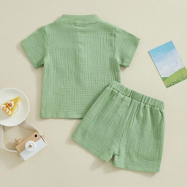 Комплекты одежды для мальчиков, летние шорты из 2 предметов, топы на пуговицах с короткими рукавами и сплошной цвет