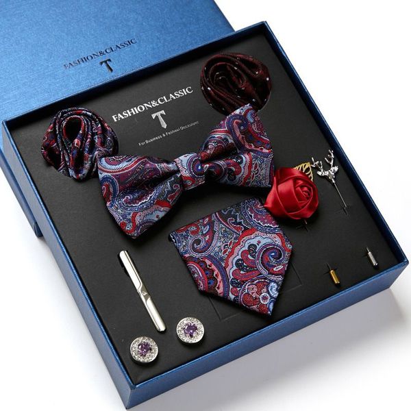 Gravata de seda masculina, gravata borboleta, broches, abotoaduras e prendedor de gravata para homens, acessórios vermelho borgonha, conjunto de presentes de casamento