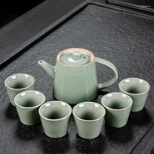 Set da tè 7 pezzi Set di tè verde giada Set cinese Decorazione della stanza Teiera in porcellana da cerimonia con tazza