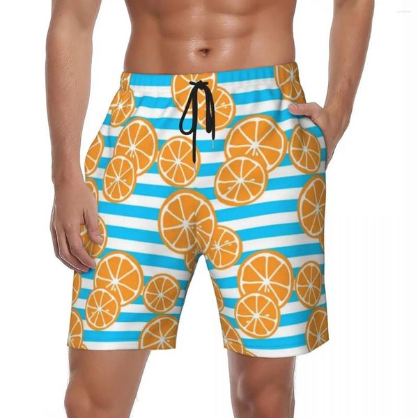 Shorts masculinos Homens Board Laranjas Fatias Moda Swim Trunks Listras Brancas e Azuis Quick Dry Surf Plus Size Calças Curtas