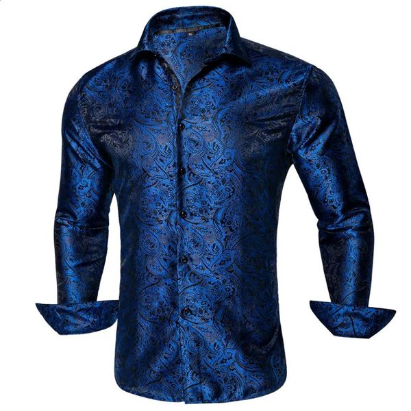 Hi-Tie Marinha azul dourado Paisley Mens de seda floral camisa de manga comprida Casual para homens Jacquard Male Business Party Wedding Dress 240304