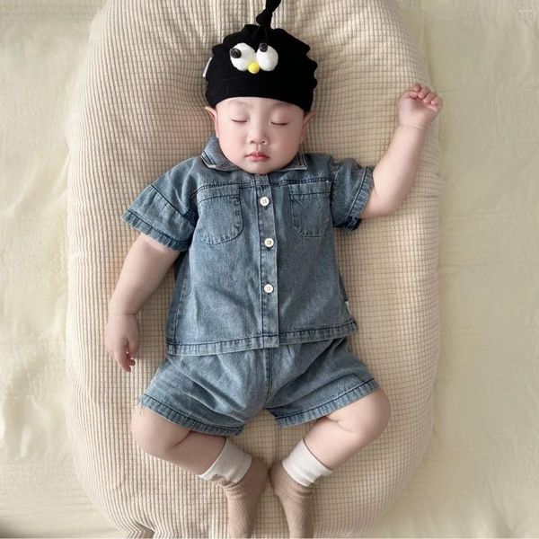 Kleidung Sets 2024 Sommer Baby Kurzarm Kleidung Set Infant Junge Mädchen Revers Denim Shirts Mantel Shorts 2 stücke Anzug kleinkind Casual Outfits