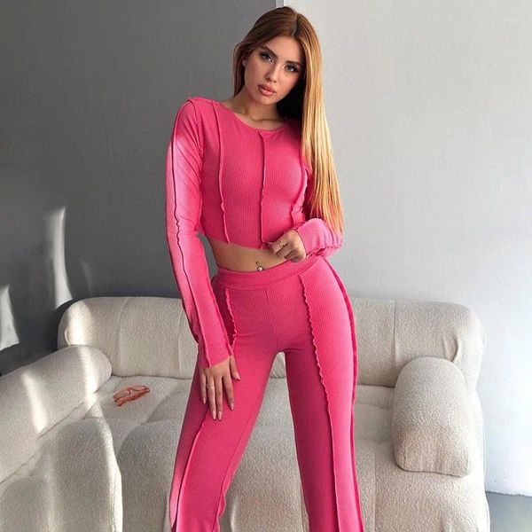 Frauen Hosen Streifen Zwei Stück Set Anzüge O Hals Langarm Casual Homewear Crop Tops Y2k Hohe Taille Solide farben YWFD027