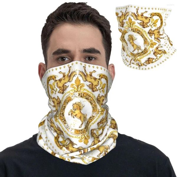 Lenços luxo cavalos dourados europeu floral bandana pescoço gaiter impresso balaclavas máscara cachecol multi-uso para homens mulheres adulto lavável