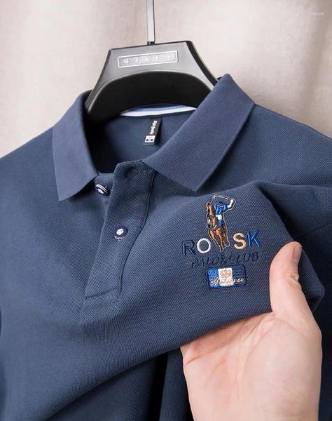 Polos masculinos algodão manga comprida camisa polo bordada 2024 primavera e outono negócios casual respirável camiseta