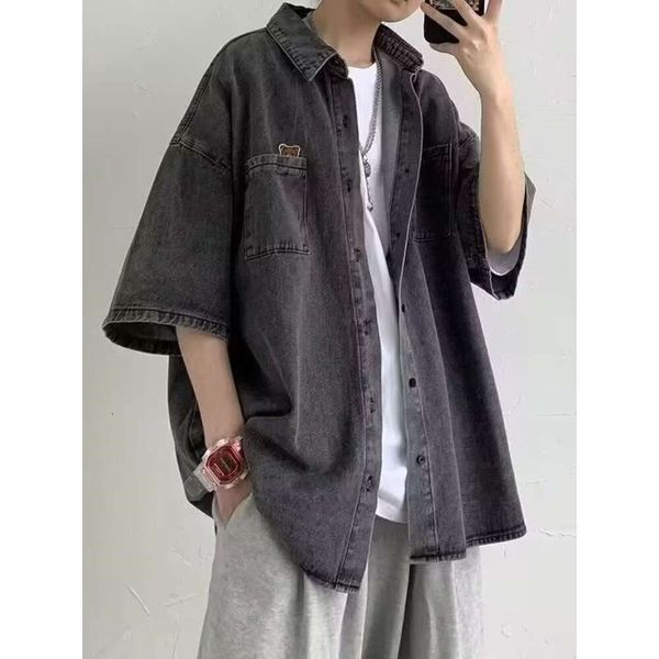 Camisa casual masculina de manga curta jeans fino de verão, jaqueta rufião estilo coreano da moda