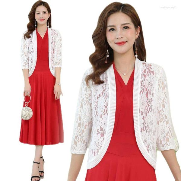 Malhas femininas moda coreana rendas cardigan verão casaco fino meia manga elegante malha encolher crochê blusas topo outwear zy8401