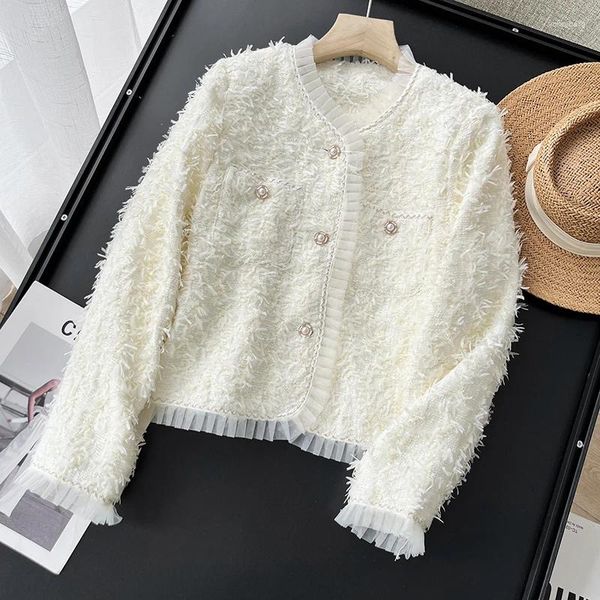 Damenjacken Hochwertige weiße Tweedjacke Frauen Elegante Luxus Perlenknöpfe Spitze Kurzmantel 2024 Herbst und Winter Koreanische abgeschnittene Tops