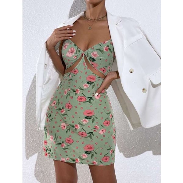 Verão temperamento commuting impressão retalhos envolto peito sexy oco cinta vestido floral para mulher 9243