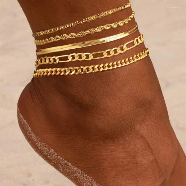 Anklets 5pcs/7pcs wasserdicht 14K Gold plattiert Fußkettchen Kubanverbindungs Figaro Paperklamm