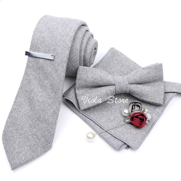 Top 50% lã macia 7cm gravata borboleta lenço clipe broche conjuntos empoeirado verde sólido elegante terno de casamento masculino diário cravat acessório presente 240315