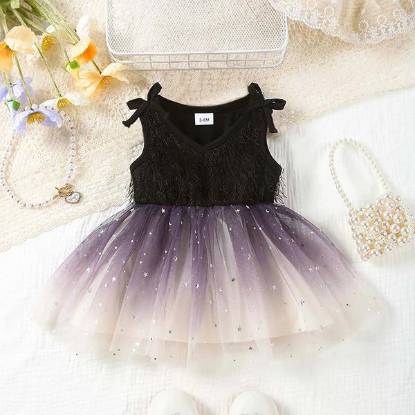 Mädchen Kleider Baby Tank Kleid V-Ausschnitt ärmellos 3D Schleife Stern Pailletten Tüll Kleinkind Kleinkind Colthes für Hochzeit besondere Anlässe