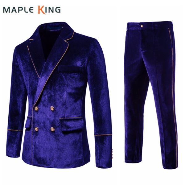 Erkekler için en iyi düğün takım elbise 2 adet Blazer + Pant Velvet Altın Trim Çift İçen Elbise İş Costard Homme Mariage Takım Seti