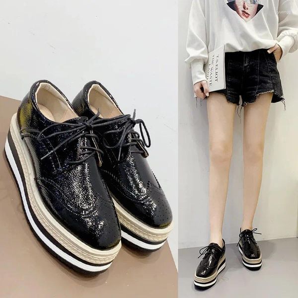 Sapatos casuais primavera outono estilo britânico feminino dedo do pé quadrado couro patente oxfords plataforma plana brogue oulyyyogo