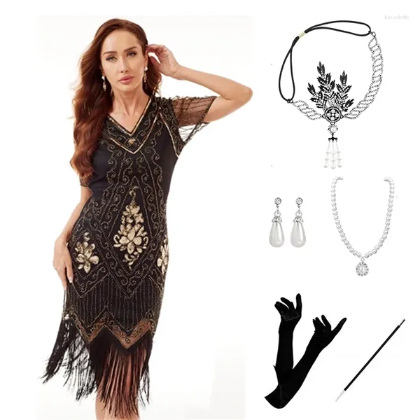 Bühnenkleidung 1920er Jahre Flapper Roaring Plus Size 20er Jahre Great Gatsby Fransen-Pailletten-Perlenkleid und verzierte Art-Deco-Accessoires