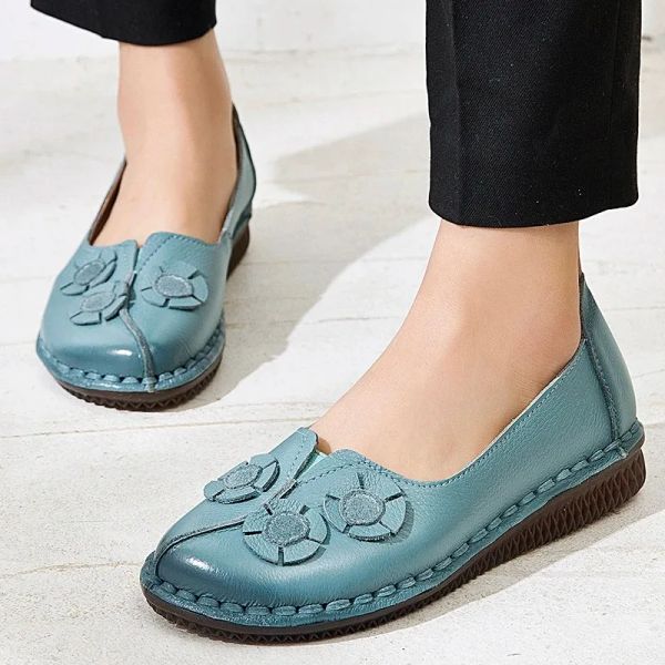 Stiefel blaue Blumendesigner Vintage Schuhe für Frauen echte Leder Ballett Wohnungen Schwarze Frauen -Slipper Damen Casual Flat Wanderschuhe