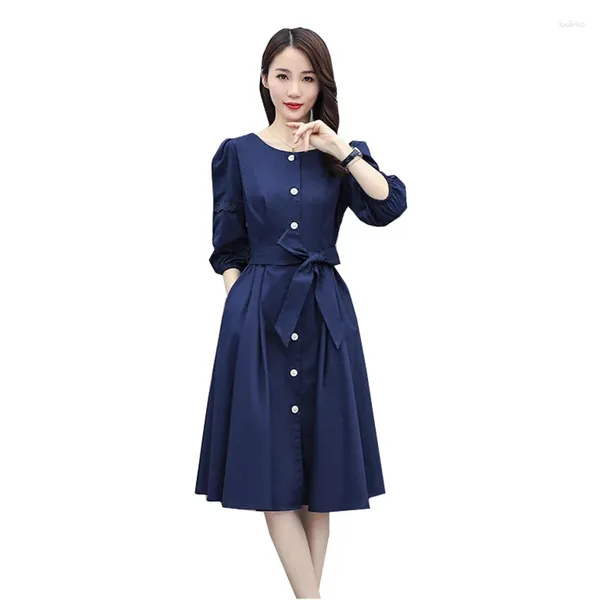Vestidos de festa 2024 primavera feminina camisa de comprimento médio vestido moda a-line saia de cinco pontos manga azul fino