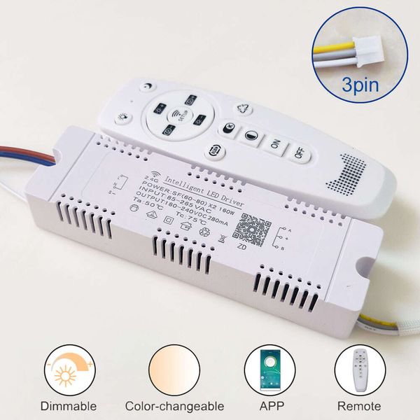 Driver di controllo APP 85-265 V Trasformatore LED intelligente remoto 2.4G (20-40-60-80 W) X2 per lampadario dimmerabile a colori variabili