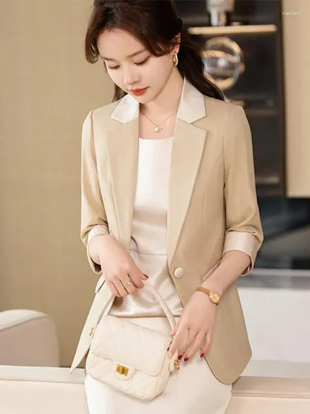 Damenanzüge Frauen Beige Patchwork Blazer Khaki Dreiviertelärmel Kerbkragen Dame Strickjacke Plus Size Business Anzug Mantel Frühling Sommer