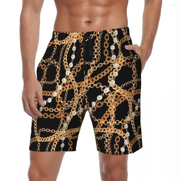 Shorts Masculinos Board Chain Print e Pérolas Casual Swim Trunks Gold Link Respirável Surf Tamanho Grande Praia Calças Curtas