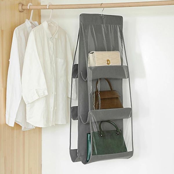 Sacos cosméticos 6 bolso bolsa prateleira de armazenamento multiuso pendurado titular transparente 360 graus girando gancho para porta armário guarda-roupa