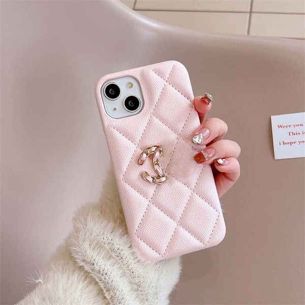 Capa de telefone inchada para iPhone 14 Pro Max Designer para Apple 15 Plus 13 12 11 Luxo seixo PU couro diamante padrão ponto móvel meio corpo capa traseira Coque Fundas Rosa