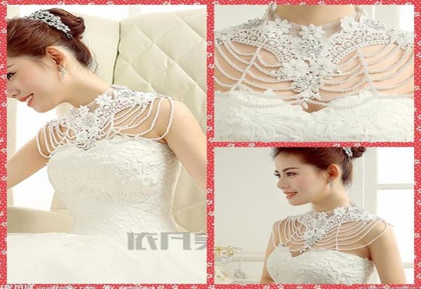 Girocollo in pizzo Appliques Avvolge Strass in rilievo da sposa in pizzo bianco Scialle da sposa Giacca Bolero in rilievo di cristallo Gioielli per la cerimonia nuziale T7329158