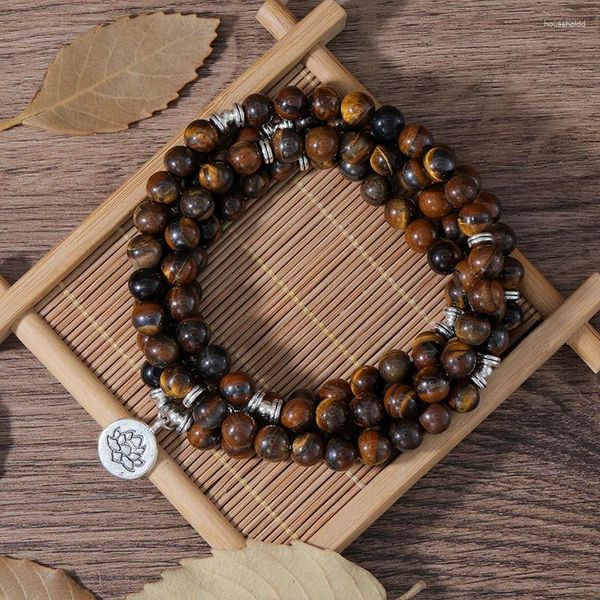 Strang OAIITE 8mm Gelbes Tigerauge Armband Männlicher Lotus Anhänger Wrap 108mala Weiblicher Puls Reiki Balance Halskette Schmuck Geschenk