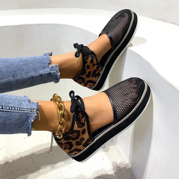 Casual Schuhe Plus Größe Frauen Plattform Flache Sommer Mesh Hohl Für Frau Leopard Print Lace-Up Sport Wandern