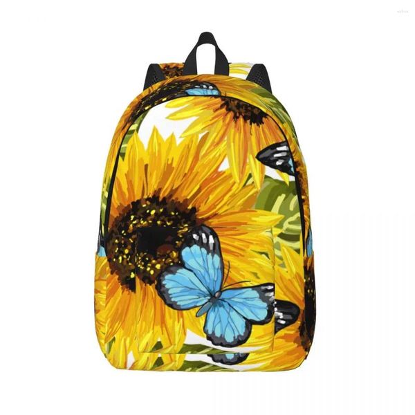 Rucksack, Laptop, einzigartiges Aquarell, gelbe Sonnenblumen und blaue Schmetterlinge, Schultasche, langlebig, für Studenten, Jungen, Mädchen, Reisen