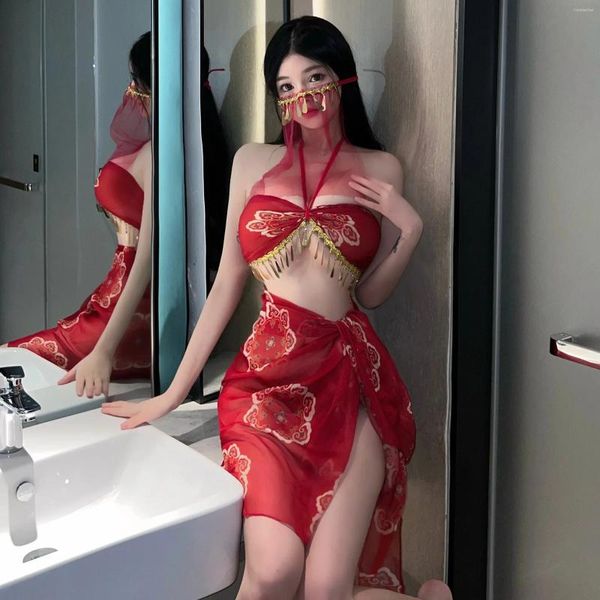 Bras conjuntos sexy oriental atmosfera exótica lingerie conjunto backless halter borlas transparente estilo chinês dançarina empregada cosplay uniforme