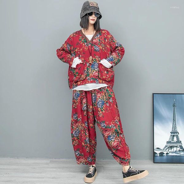 Calças femininas 2 pçs design vintage conjunto de roupas estilo chinês impressão terno v colarinho manga cheia pullovers camisa bloomers calças kit