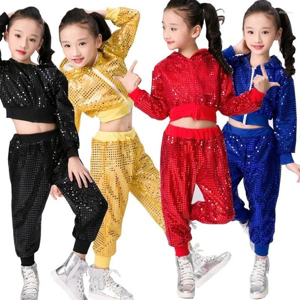 Abbigliamento da palcoscenico Bambini Ragazzi Ragazze Crop Top e pantaloni Abiti da performance Abiti Bambini Paillettes Danza jazz Moderna Cheerleader Costume hip-hop