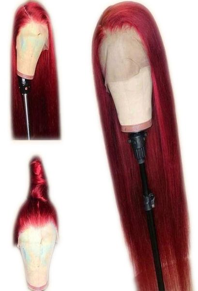 Cor vermelha seda reta sem cola perucas completas do laço com cabelo do bebê pré arrancado remy borgonha peruca de cabelo humano para women7682105