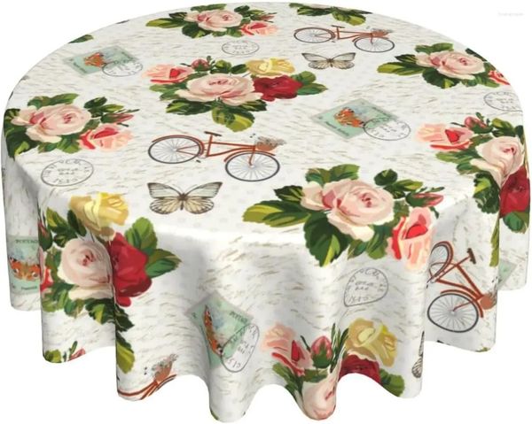 Tischdecke, Schmetterlings-Tischdecke, 152,4 cm, Vintage-Blumenmuster, Fahrrad, Frühling, dekorativ, romantisch, rund, für Küche, Esszimmer, Terrasse