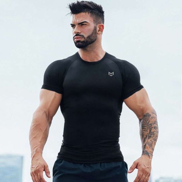 Roupas musculares de manga curta t-speed treinamento de corrida a seco elástico rápido collants masculino esportes camiseta verão