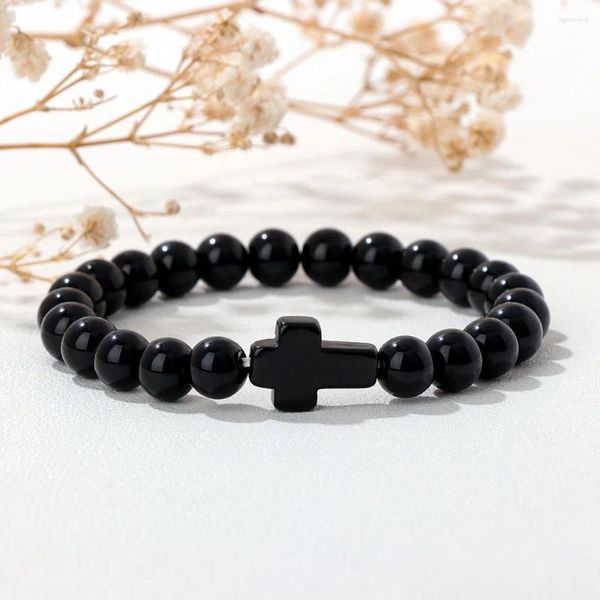 Strang Naturstein Jesus Kreuz Armband 8mm Schwarz Onyx Glas Quartzs Achate Perlen Stretch Armbänder Für Frauen Männer Armreif Yoga Schmuck