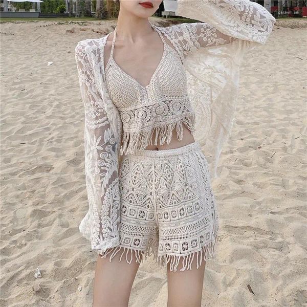 Sommer Frauen Am Meer Urlaub Sets Mode Spitze Sexy Badeanzug Sonnenschutz Jacke Weste Shorts Drei Stück Anzug Koreanische