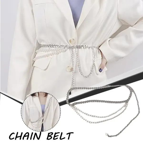 Cintos moda múltiplas camadas mulheres cinto pérolas emenda de metal comprimento sexy cintura corrente ajustável doce o5q3