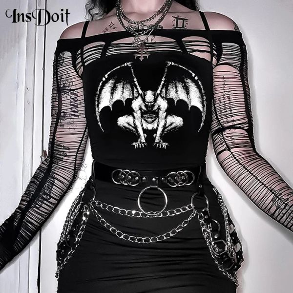 Tops Insdoit Abiti gotici sexy camis nero punk punk stampare corsetto bodycon crop top streetwear harajuku estate da donna senza spalline