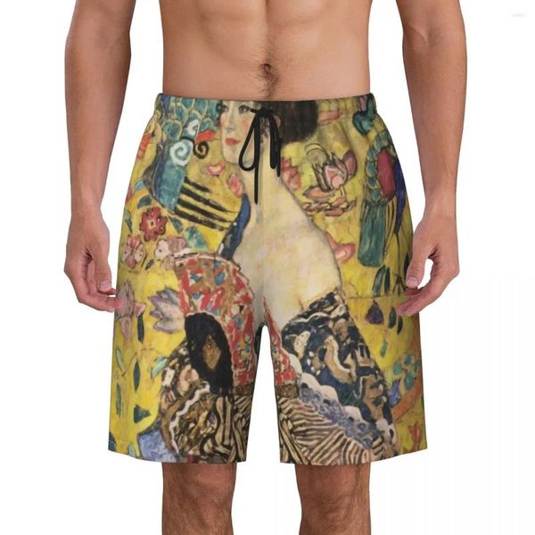 Herren-Shorts „Dame mit Fächer“ von Gustav Klimt, bedruckte Badehose, schnell trocknende Badebekleidung, Strandbrett, Symbolik, Kunst, Boardshorts