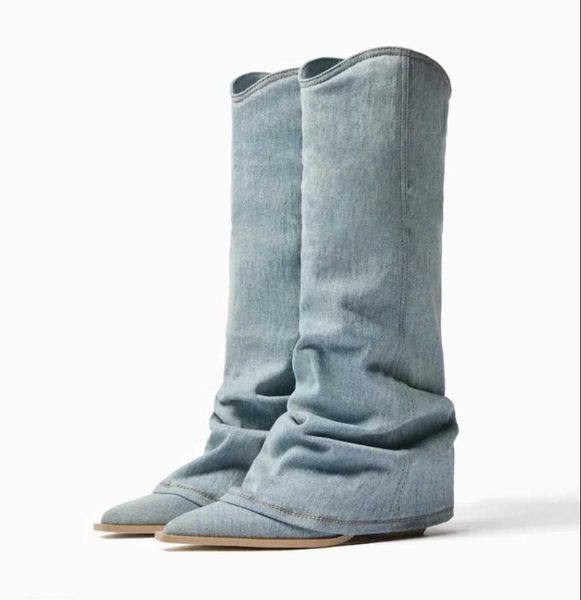 Botas Slip su HBP non marchio Mujer Ladies Women Denim Blue largo stivali per vitello per