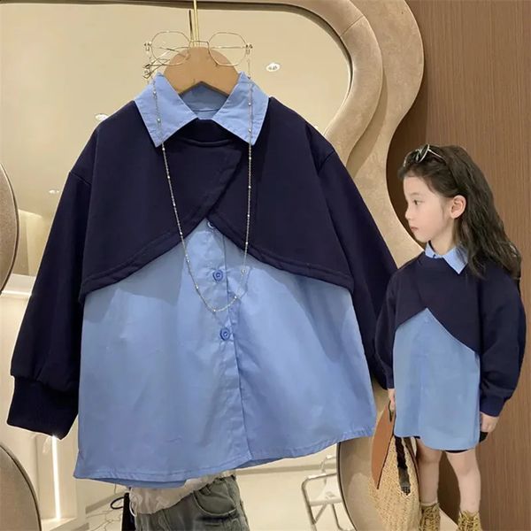 Meninas camisa para crianças outono primavera manga longa falso blusa de duas peças moda outono bebê menina roupas crianças 2-7yrs 240314