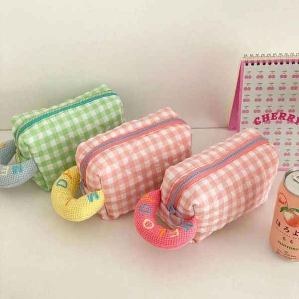 Borse portaoggetti Borsa per trucco trapuntata in morbido cotone Plaid carino da donna con cerniera Borsa da viaggio cosmetica per ragazza color caramello Custodia da toilette per matita per studenti