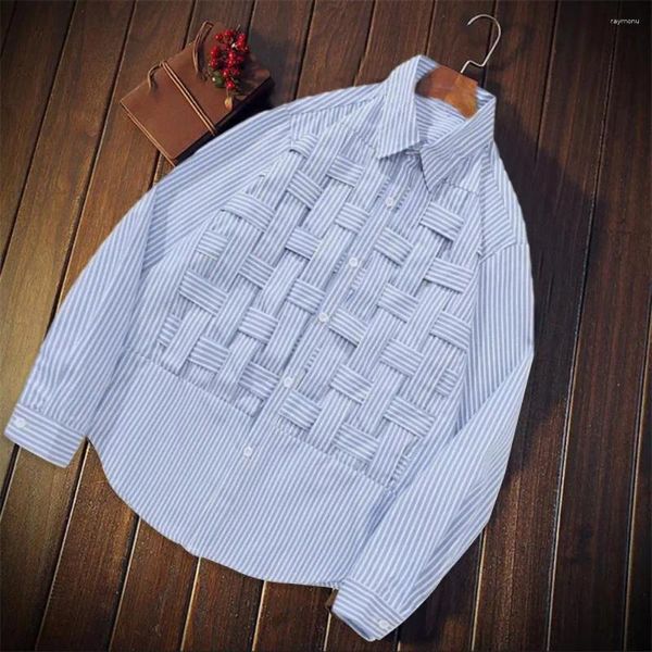 Camicie casual da uomo Camicia autunnale da uomo Tessitura Stampa a righe Cardigan individuale a maniche lunghe Monopetto Colletto rovesciato Intrecciato allentato