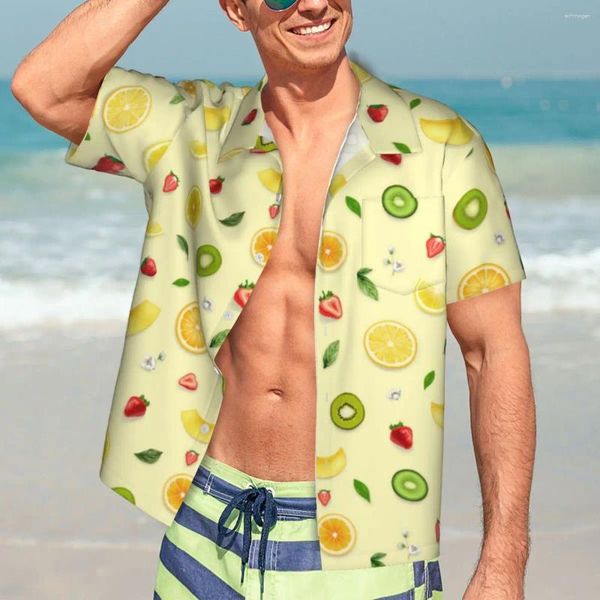 Camicie casual da uomo Camicia hawaiana con stampa di limone Camicia da uomo in vacanza Frutta mista Camicette oversize vintage con grafica elegante a maniche corte