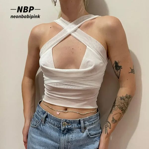 Tops NeonBabipink Y2K Tops di vasche estive sexy per donne vestiti Bianco mesh nero Vedi attraverso la cimopera senza battuta backless n85ai10