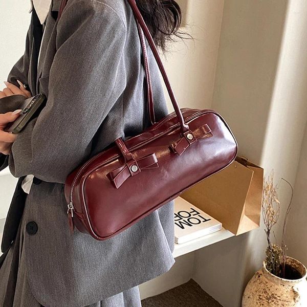 Cordão moda retro vermelho arco design bolsas de ombro femininas bonito primavera verão menina cor sólida bolsas para mulher 2024 saco