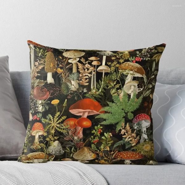 Travesseiro Vintage Midnight Cogumelos Floresta Botânica Noite Jardim Padrão - Preto Colorido Lance Decoração de Outono