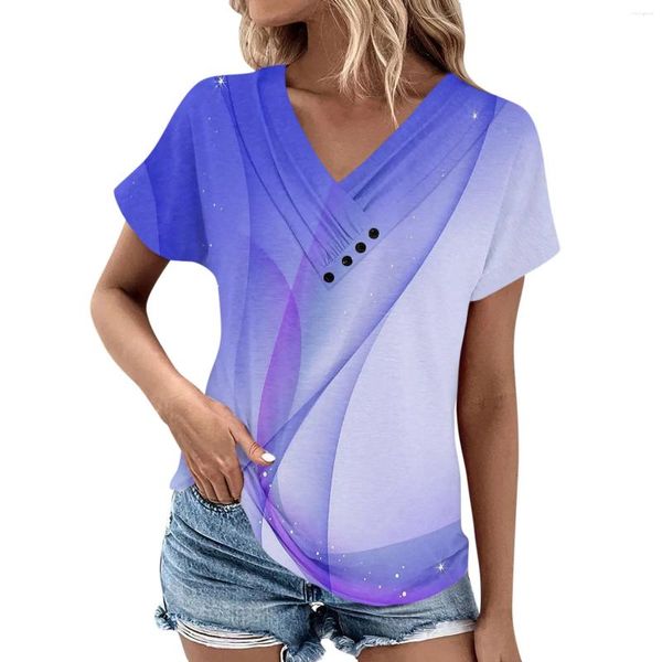 Camisetas femininas verão tops para mulheres padrão com decote em v manga curta confortável mulheres camisetas de grandes dimensões roupas blusas